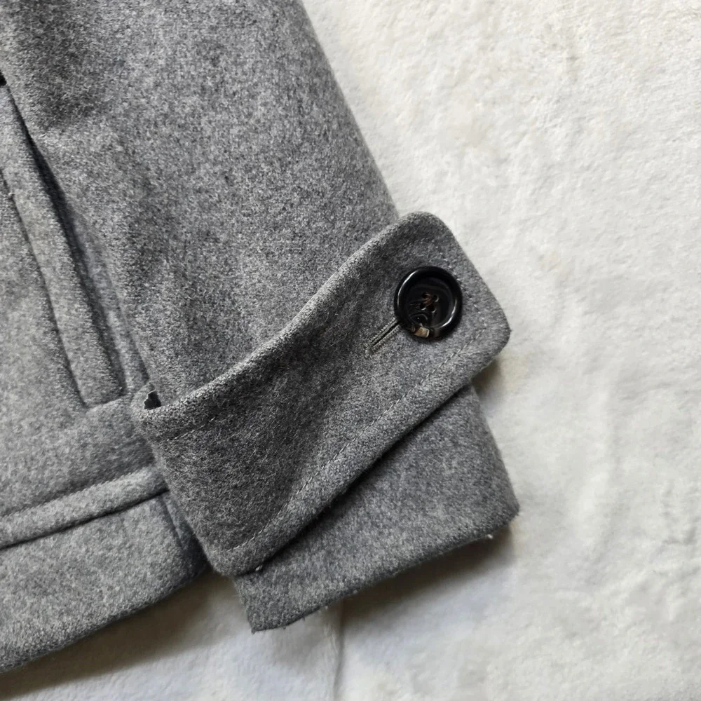 J Crew Duffle Coat Womens XS 0‎ Grey Melton Wool Italy Hood Toggle Peacoat